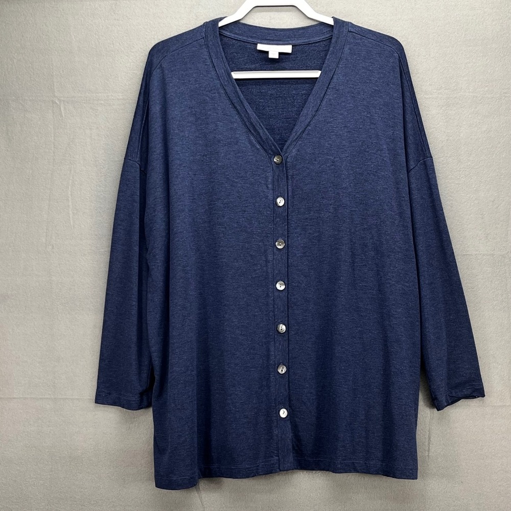 Pure Jill Tranquility Fleece Cardigan XL Navy Blue Button Front V-Neck Relaxed